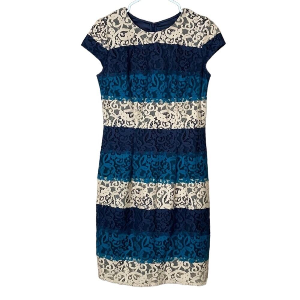 Ann Taylor Cap Sleeve Lace Sheath Dress Cream Blue Striped Size 2